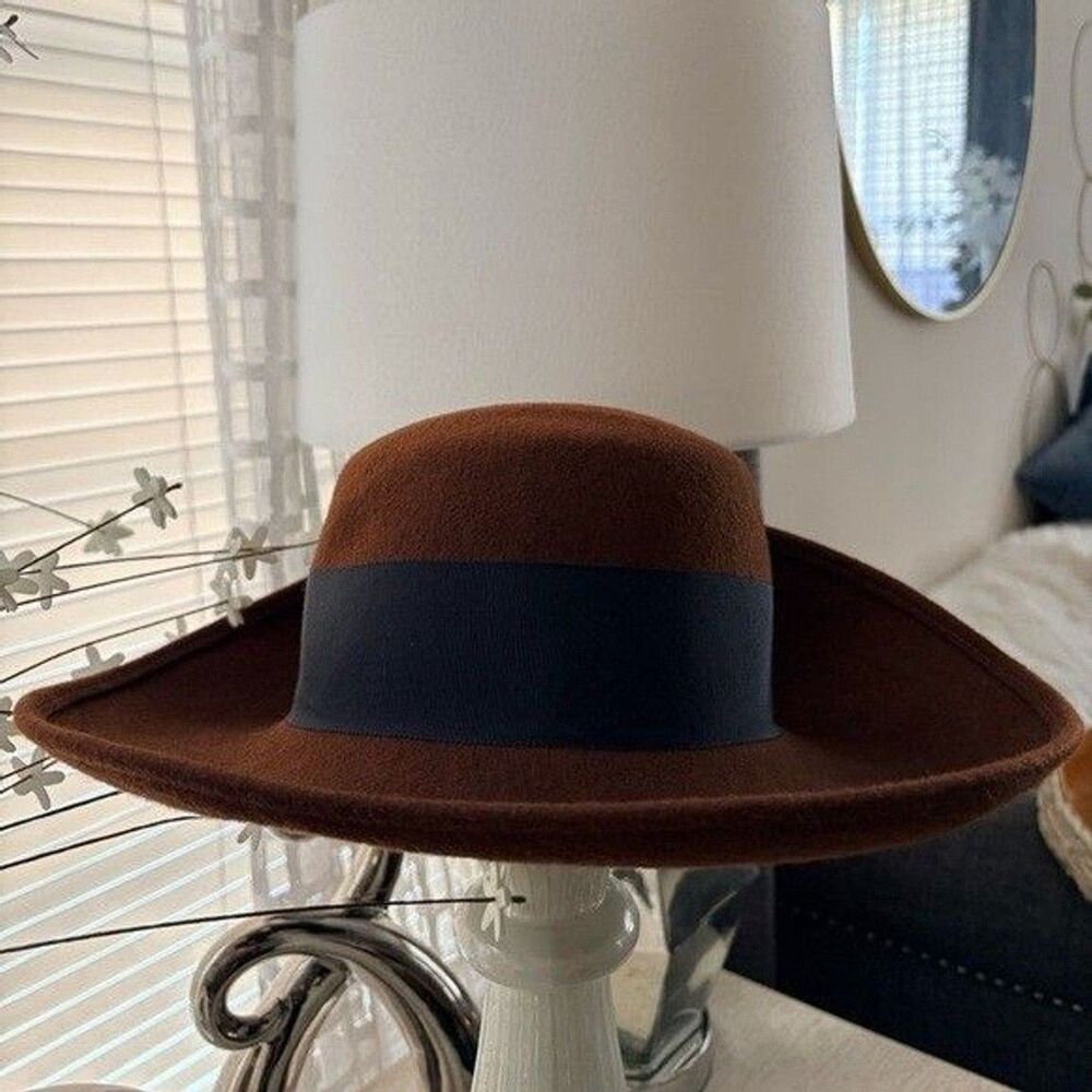 VTG Brown Wool Flip Back Black Bow Hat Vintage Country Cottage